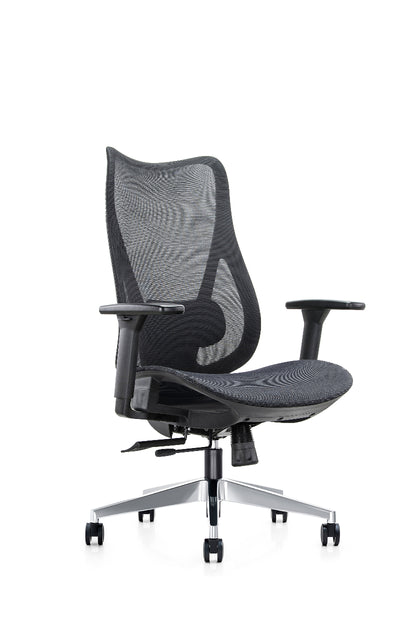 Black office chair with mesh back and armrests on a white background