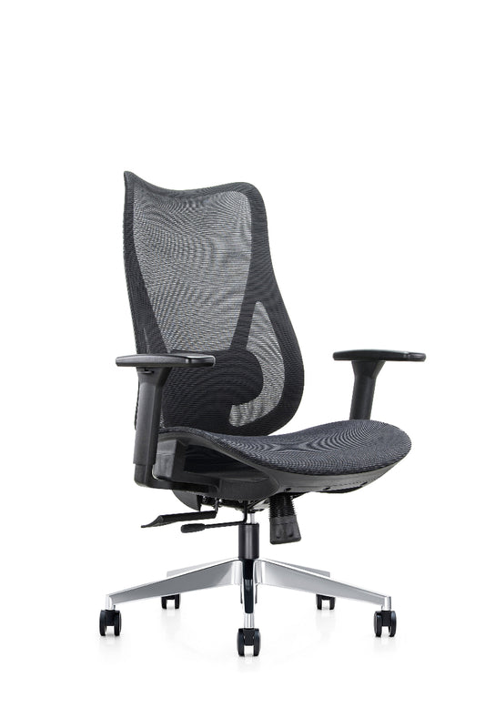 Black office chair with mesh back and armrests on a white background
