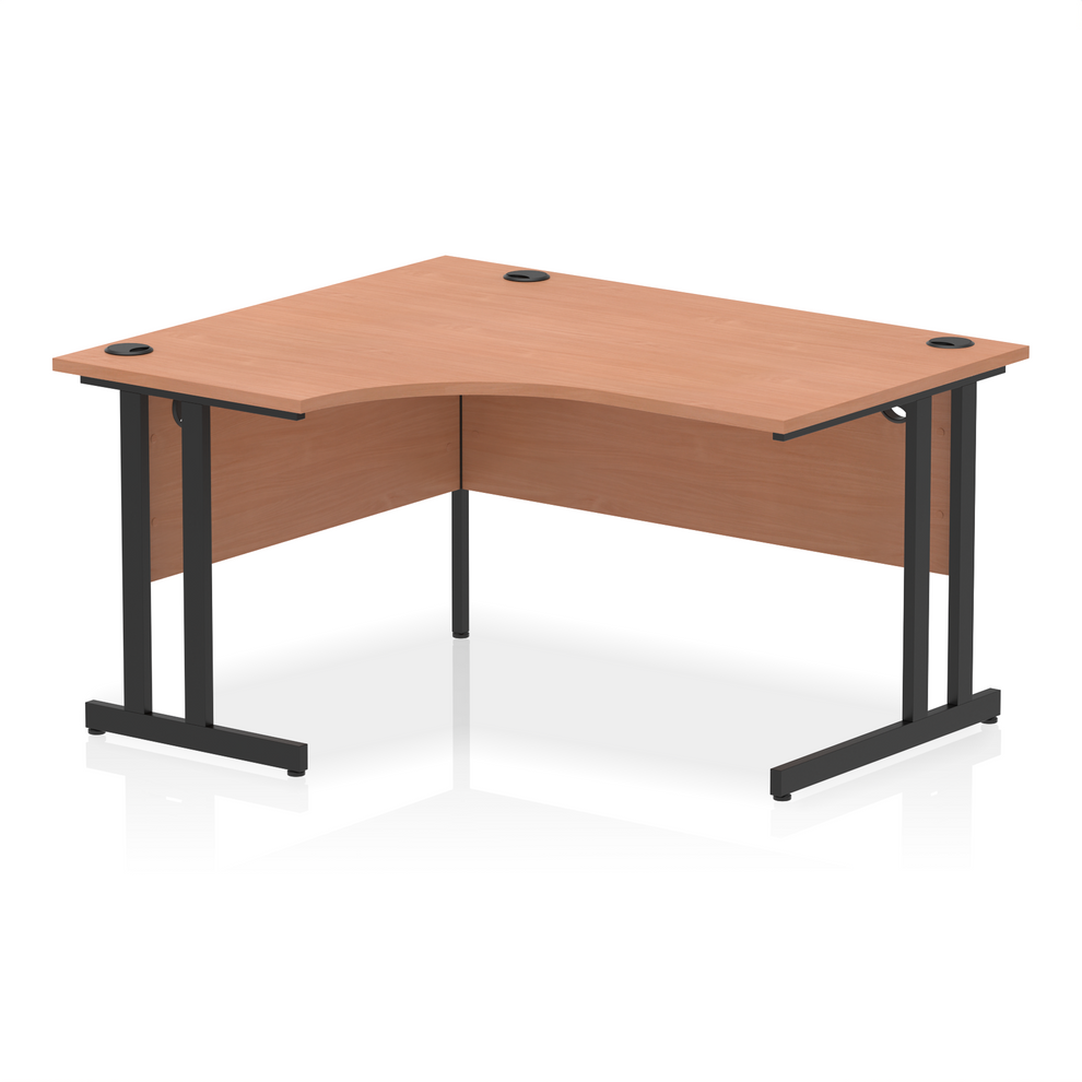Oak L-shaped desk with drawers on a white background