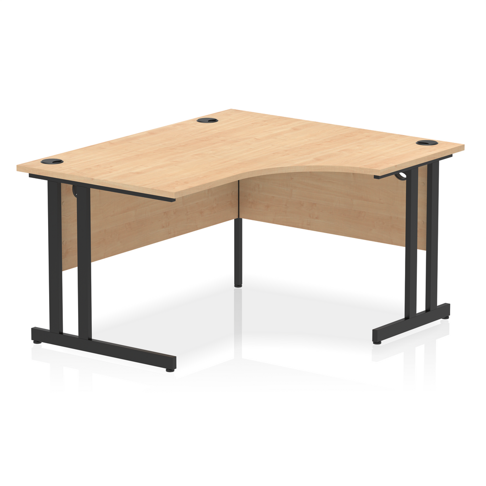 Maple L-shaped desk with drawers on a white background