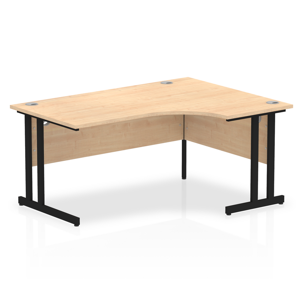 Maple L-shaped desk with drawers on a white background