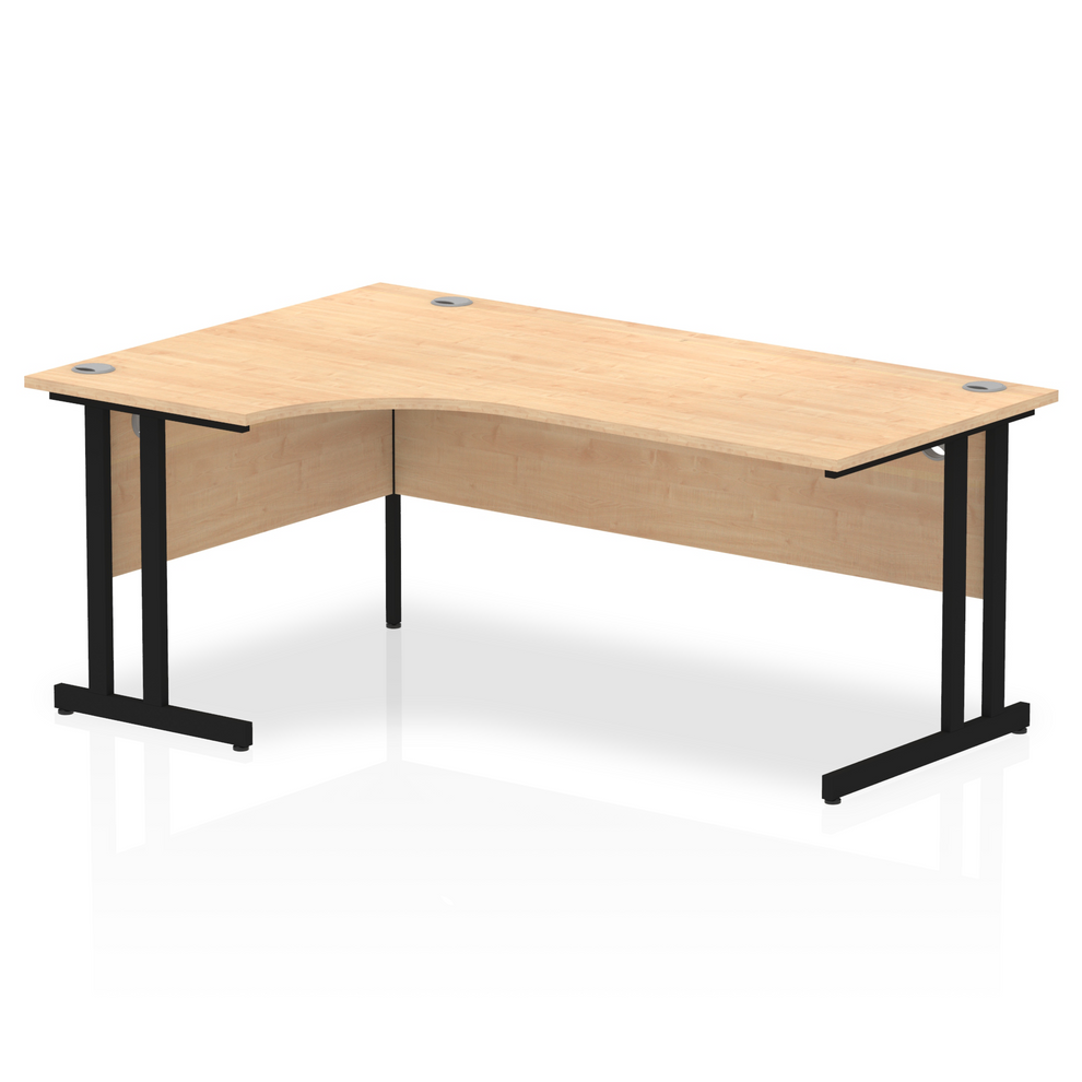 Maple L-shaped desk with drawers on a white background