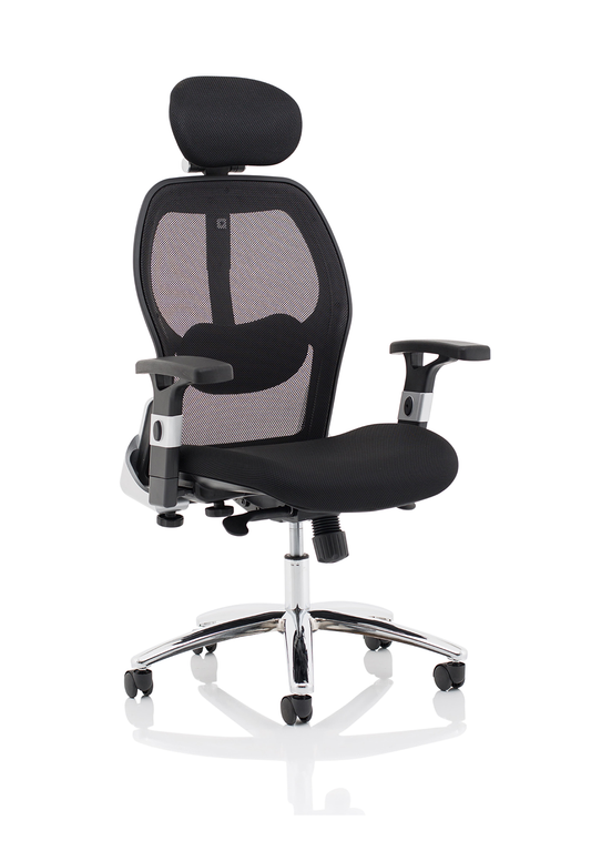 Sanderson II High Mesh Back Executive Chair, Height Adjustable Arms & Headrest Black