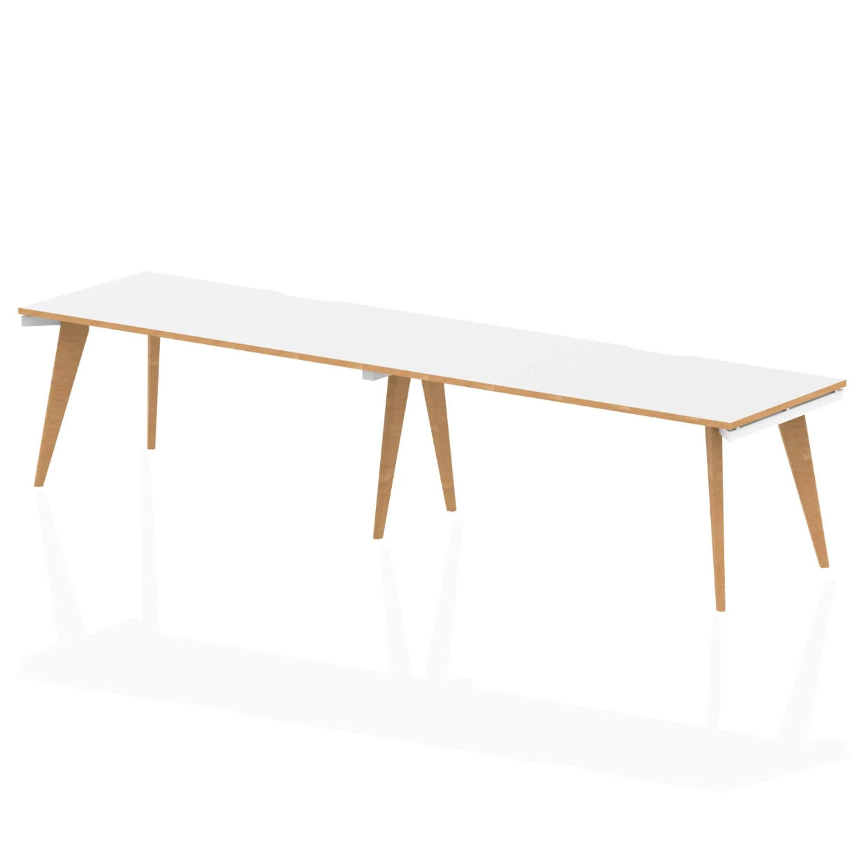 Long white table with wooden legs on a white background