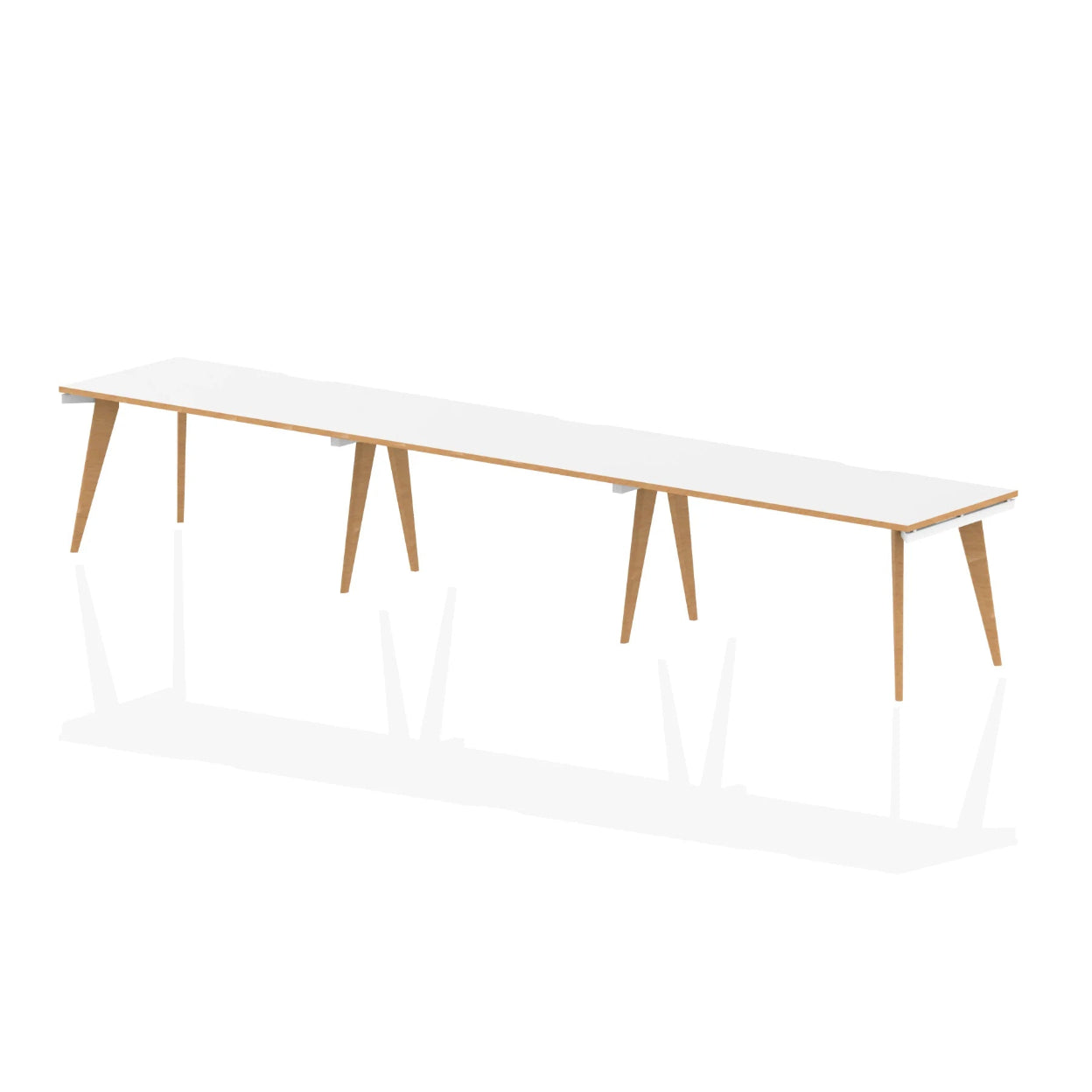 Long white table with wooden legs on a white background