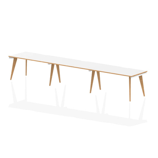 Long white table with wooden legs on a white background