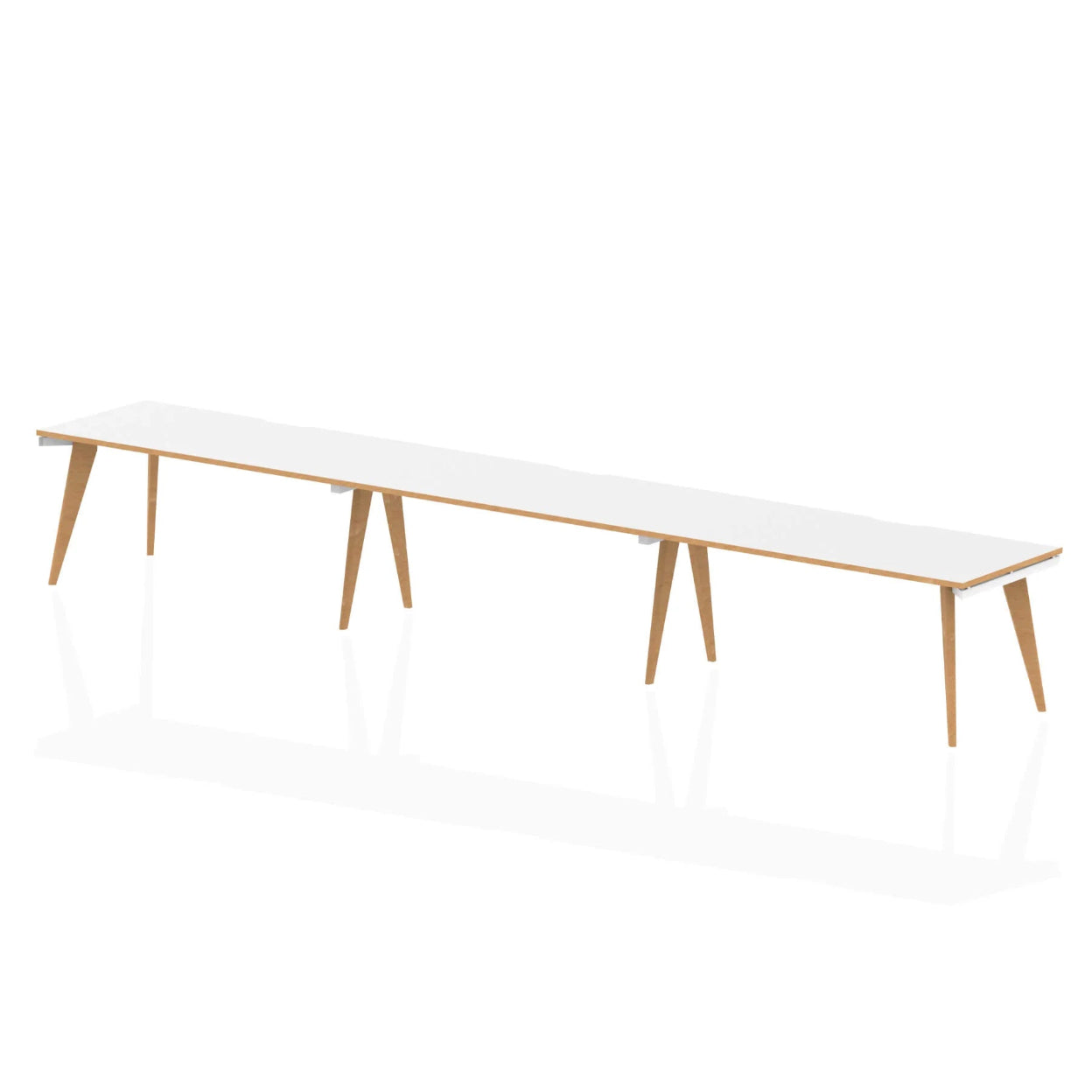 Long white table with wooden legs on a white background