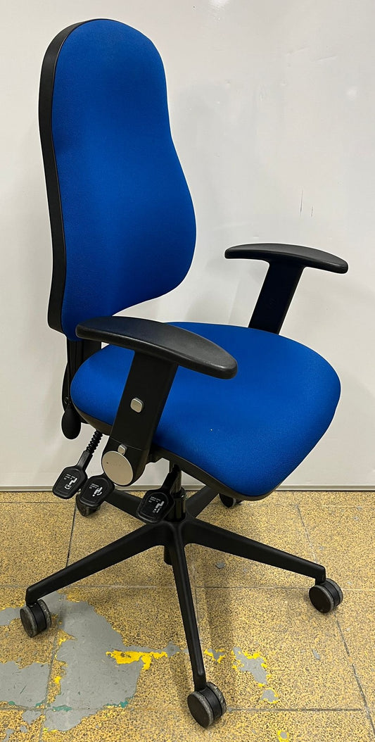 High Back Operators Armchair with Height Adjust Foldaway Arms Blue (used)