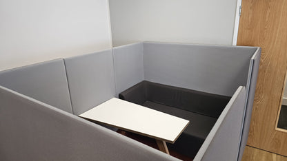 Meeting booth for 4 people, 3 shades of grey fabric with white table (used)