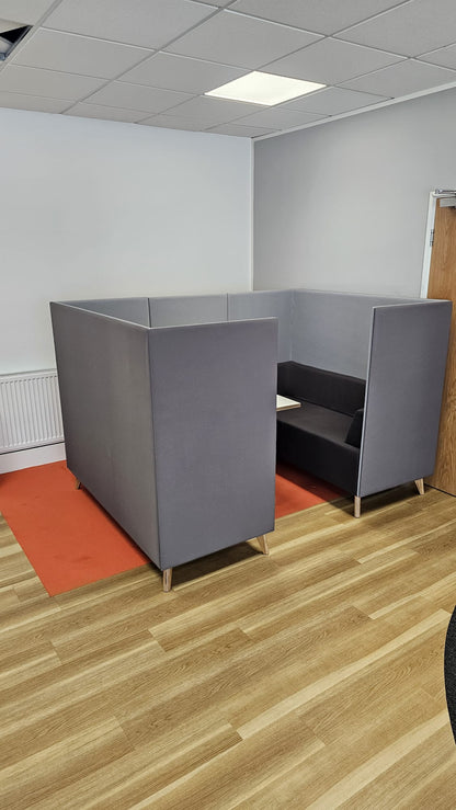 Meeting booth for 4 people, 3 shades of grey fabric with white table (used)