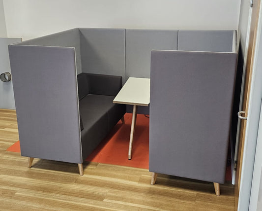 Meeting booth for 4 people, 3 shades of grey fabric with white table (used)