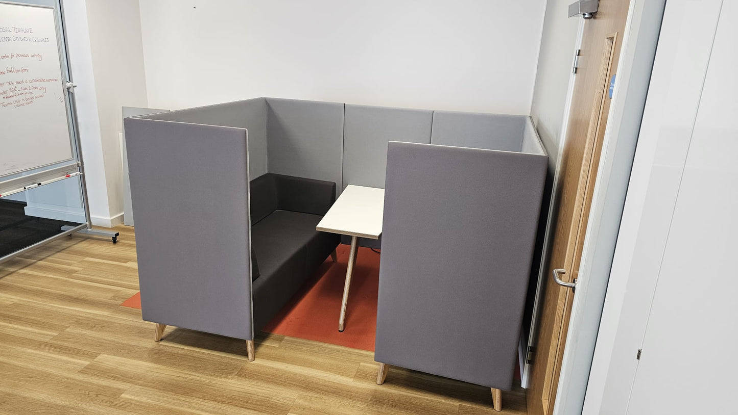 Meeting booth for 4 people, 3 shades of grey fabric with white table (used)