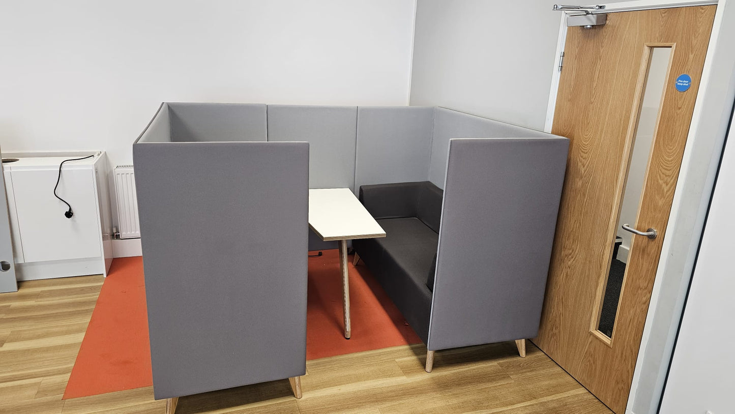 Meeting booth for 4 people, 3 shades of grey fabric with white table (used)