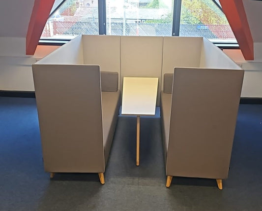 Sven Christiansen 6 seater booth in natural grey fabrics with white table (used)