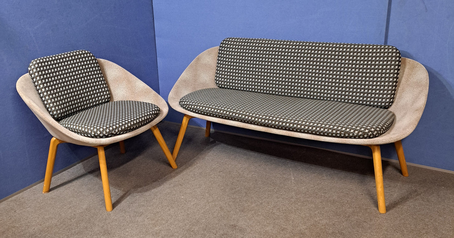 Dishy 2 Tone Low Back Sofa & Chair, Ash Frame with Oak Finish (used)