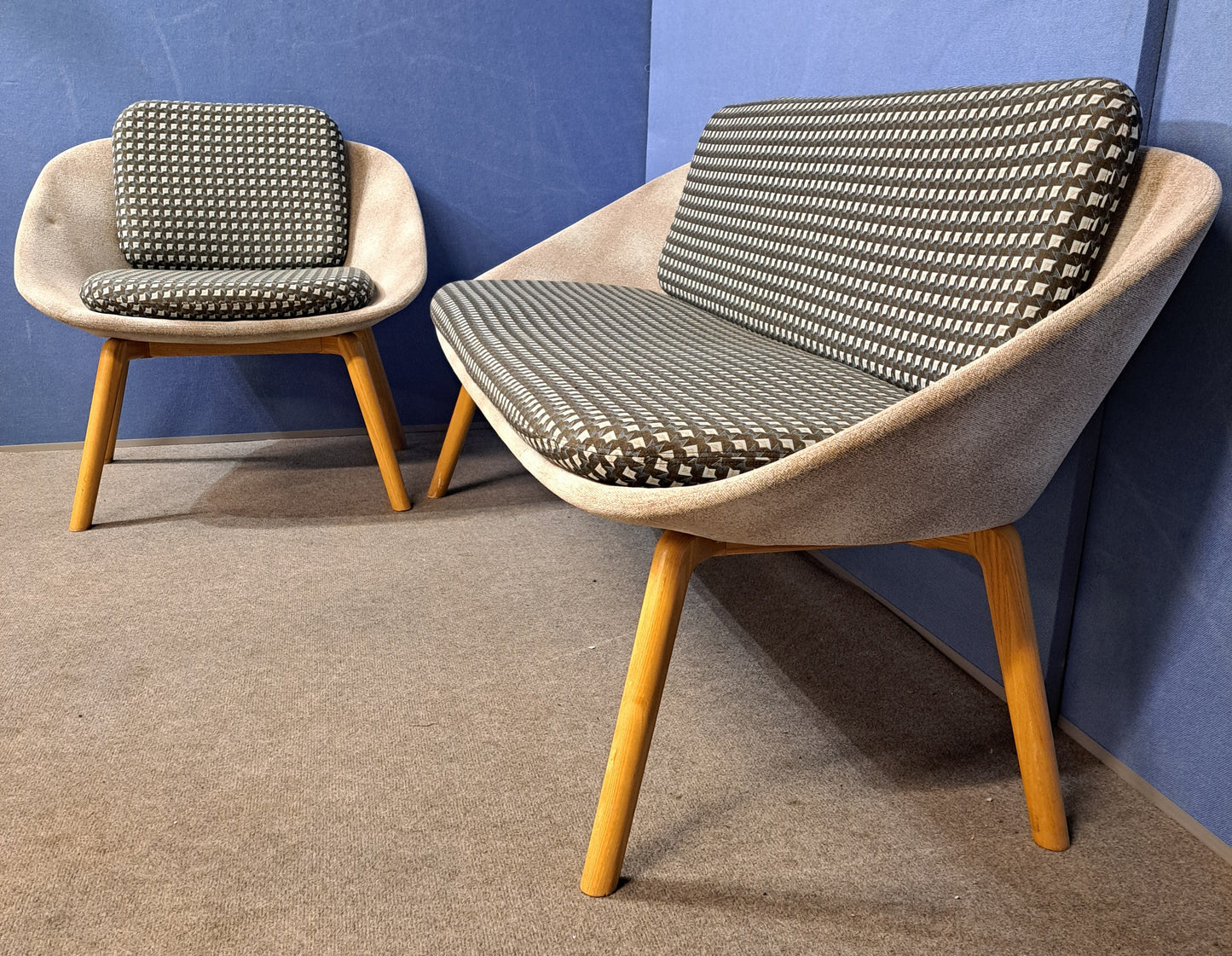 Dishy 2 Tone Low Back Sofa & Chair, Ash Frame with Oak Finish (used)