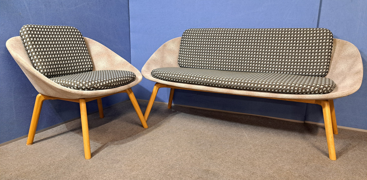 Dishy 2 Tone Low Back Sofa & Chair, Ash Frame with Oak Finish (used)