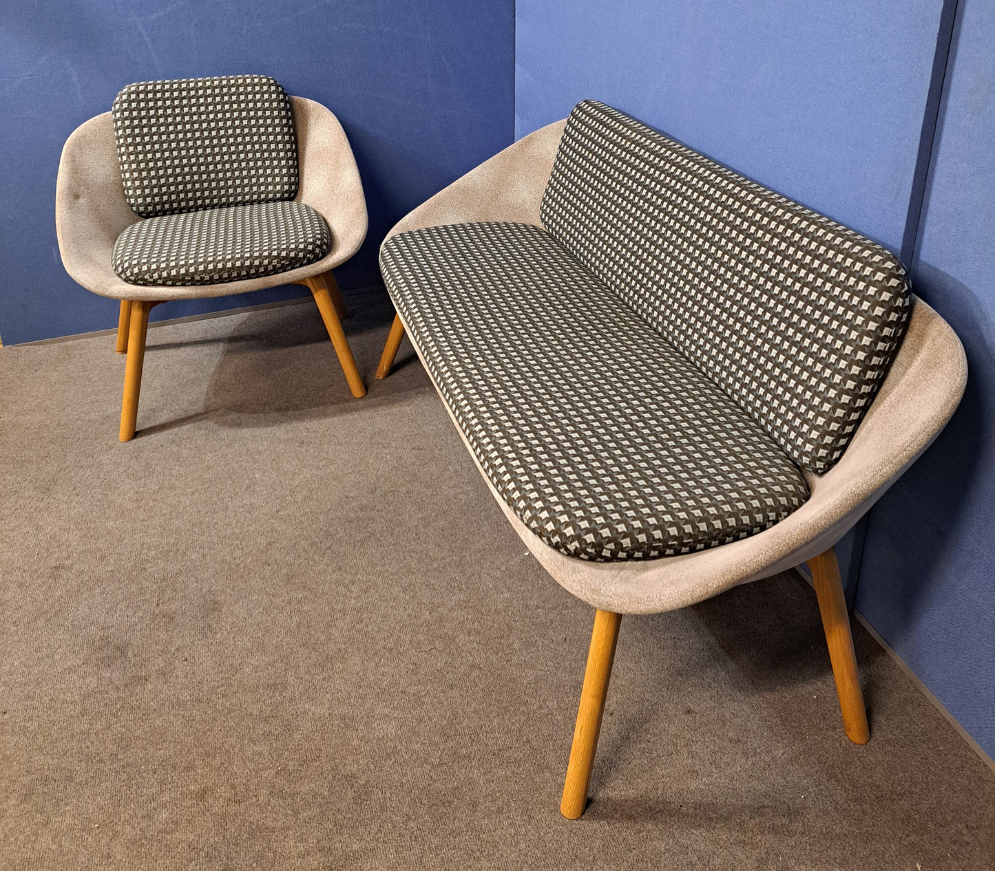 Dishy 2 Tone Low Back Sofa & Chair, Ash Frame with Oak Finish (used)