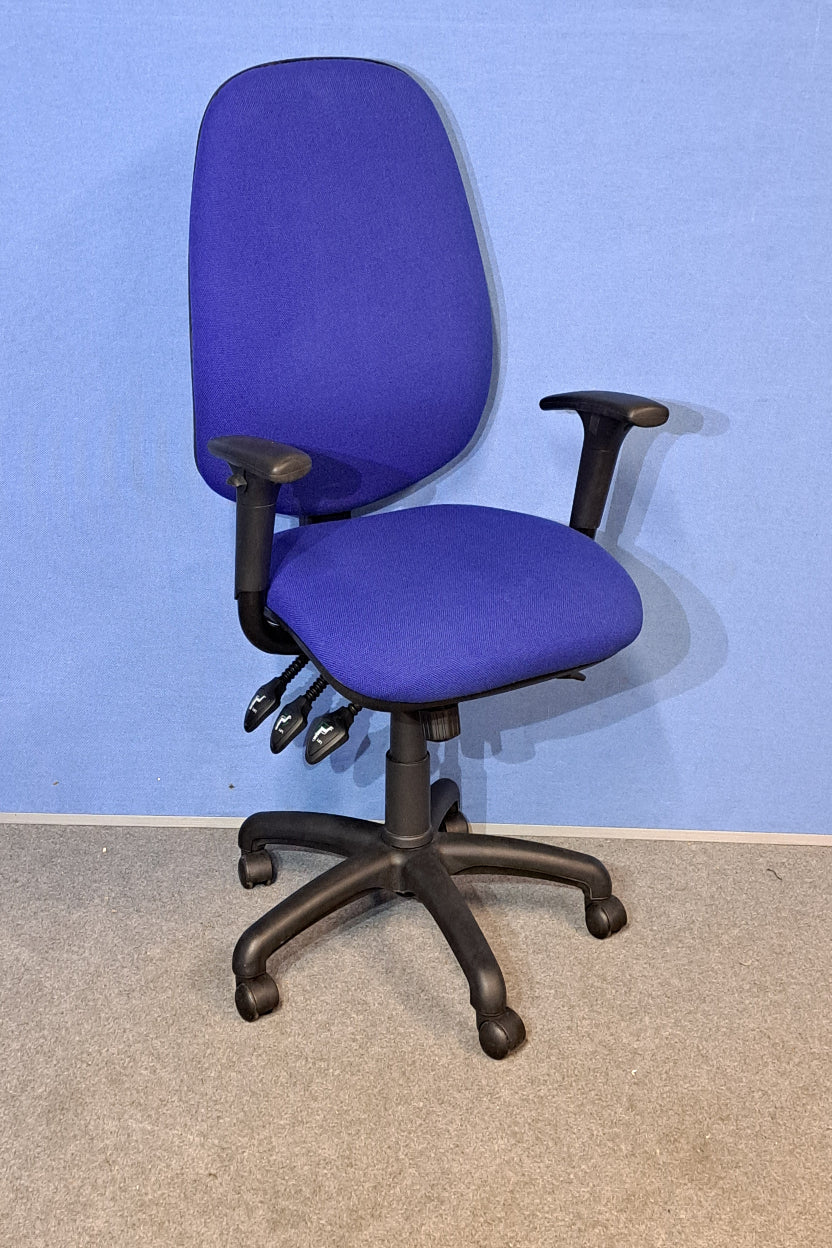 Blue office chair with black metal frame on a blue and grey floor.
