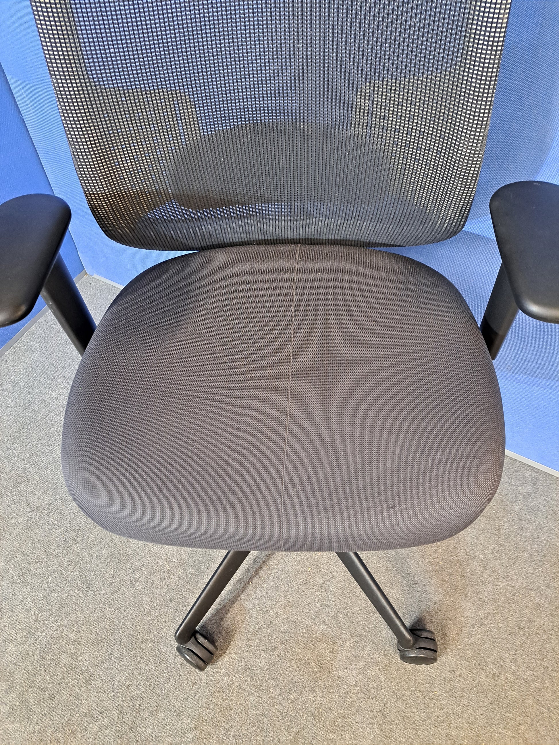 Grey mesh back office chair on a blue wall and grey carpet