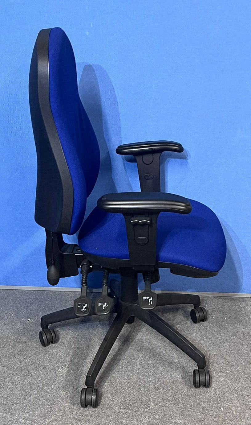 High Back Operators Armchair with Height Adjustable Arms in Blue (used)
