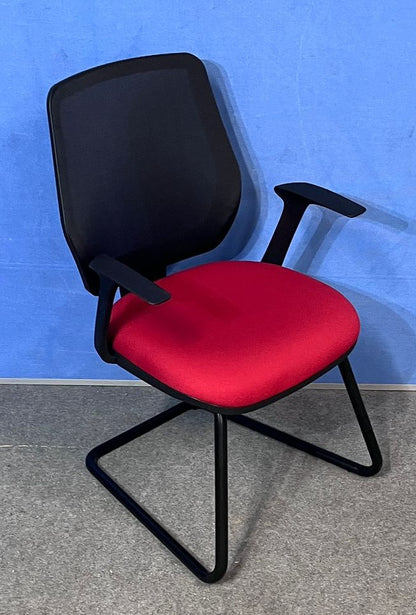 Set of 3 Mesh Back Visitor / Meeting Armchairs on Black Cantilever Frame - Red / Black (used)