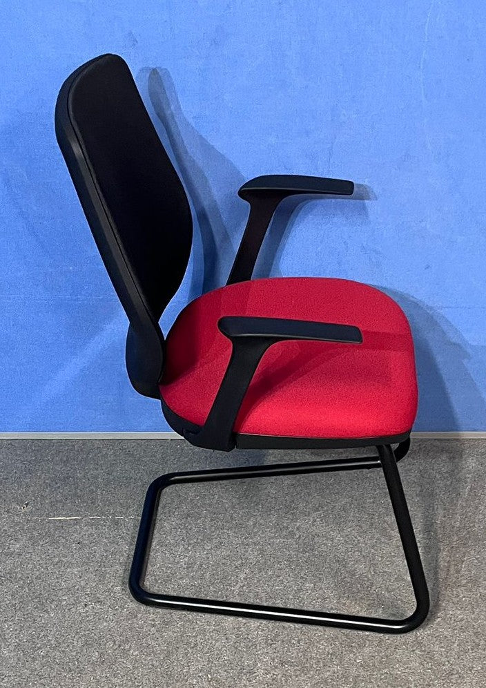 Set of 3 Mesh Back Visitor / Meeting Armchairs on Black Cantilever Frame - Red / Black (used)