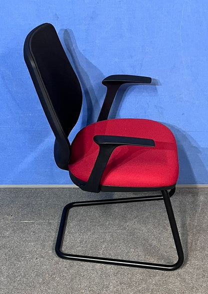 Set of 3 Mesh Back Visitor / Meeting Armchairs on Black Cantilever Frame - Red / Black (used)