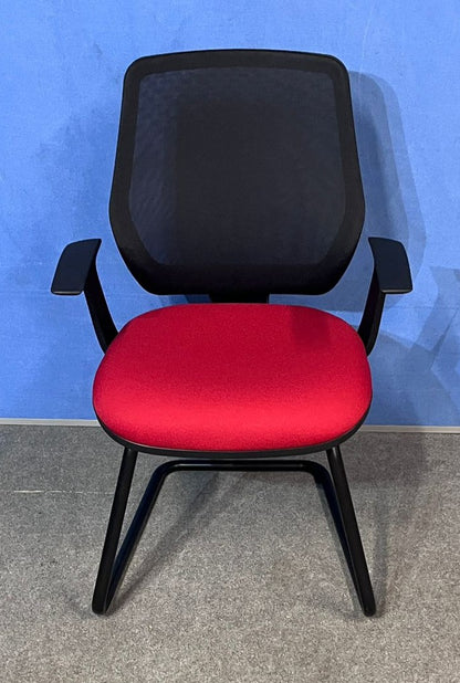 Set of 3 Mesh Back Visitor / Meeting Armchairs on Black Cantilever Frame - Red / Black (used)