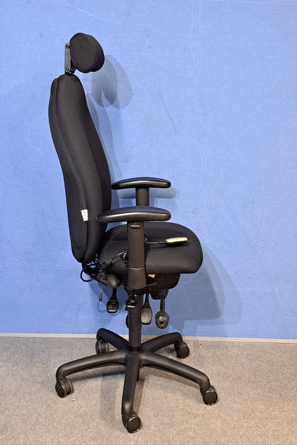 Black office chair on a blue and grey floor