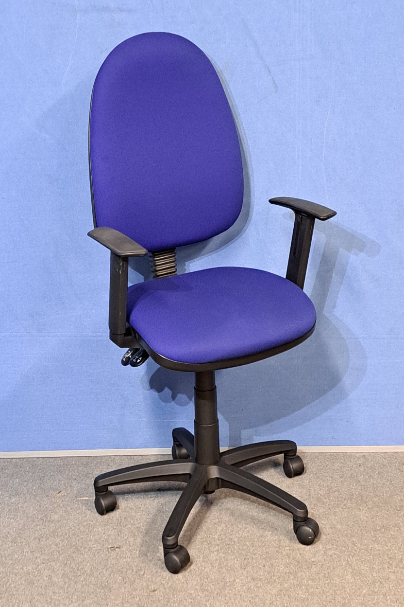 Blue office chair on a blue background and grey floor.