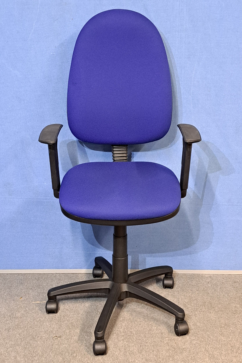 Blue office chair on a blue background and grey floor.