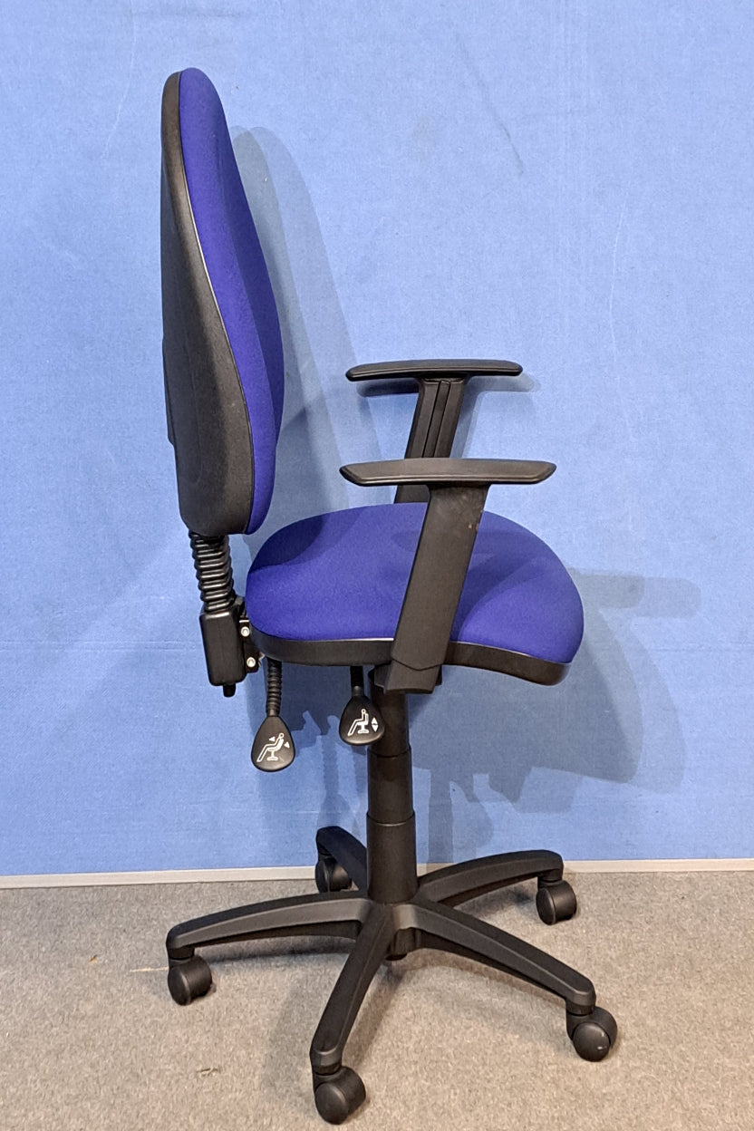 Blue office chair on a blue background and grey floor.