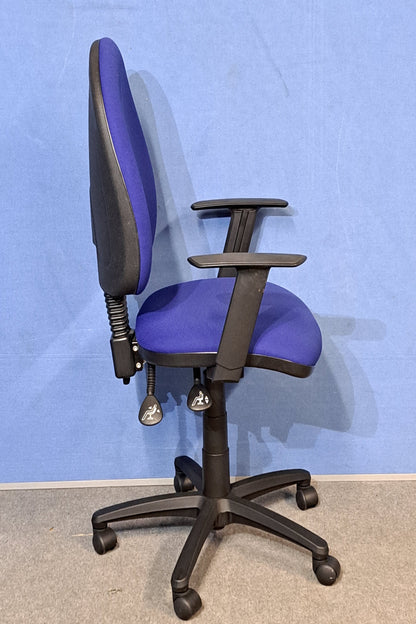 Blue office chair on a blue background and grey floor.