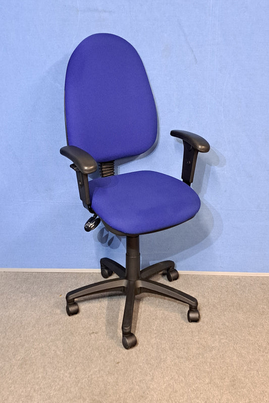 Blue office chair on a blue background  and grey floor