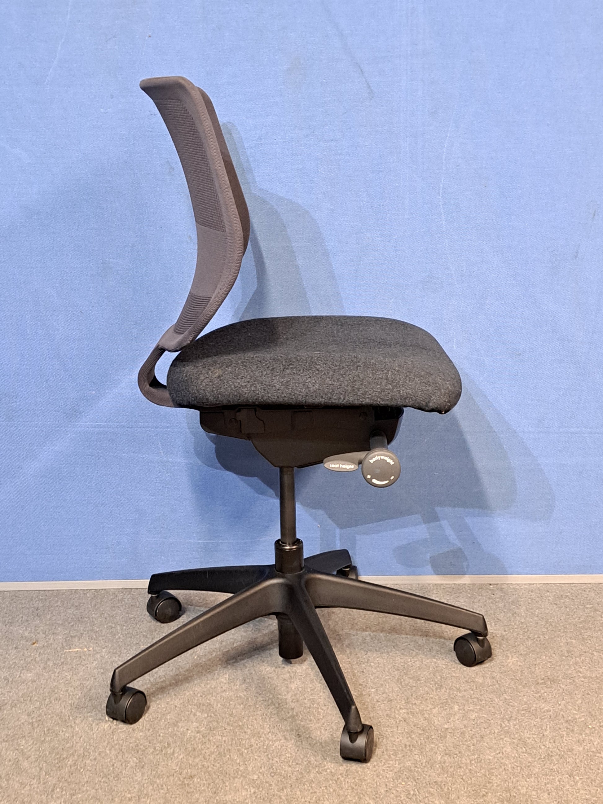 Grey office chair on a blue wall and grey carpet.