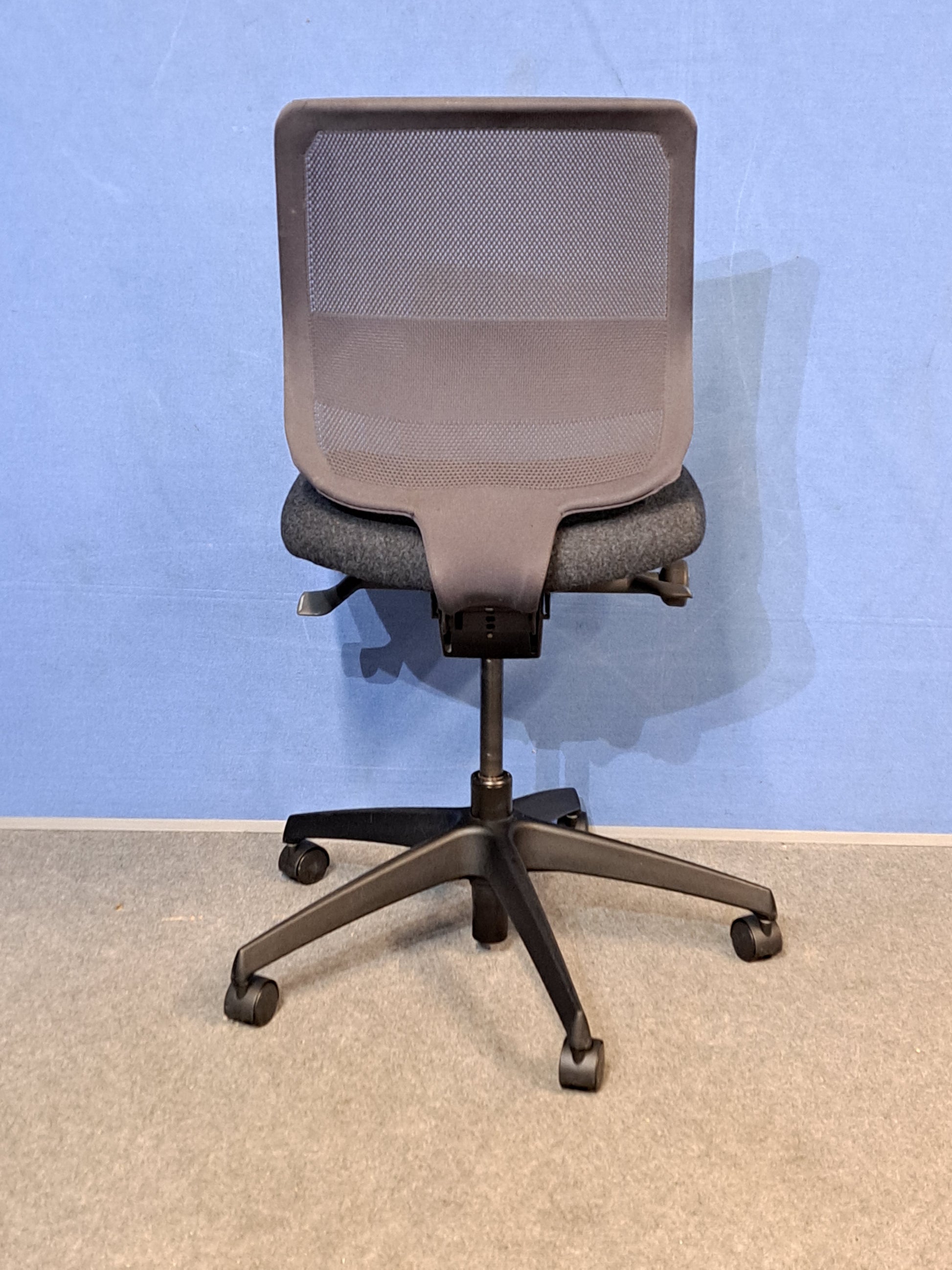 Grey office chair on a blue wall and grey carpet.
