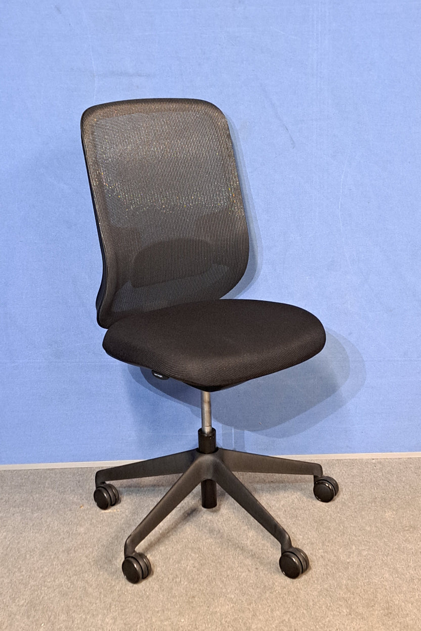 Black office chair against a blue wall and grey carpet