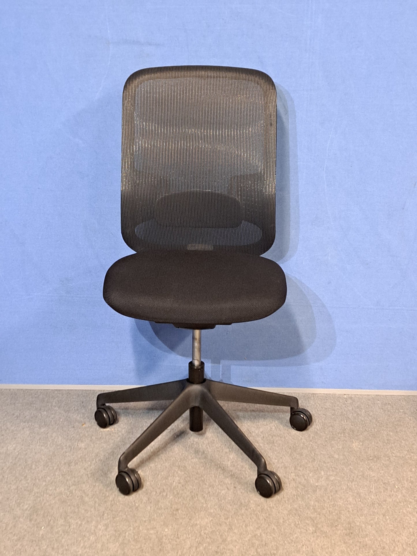 Black office chair against a blue wall and grey carpet