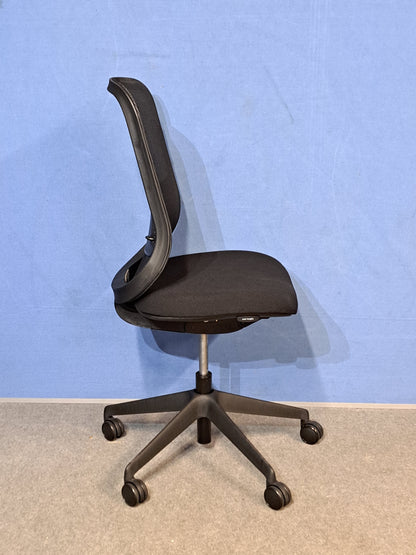 Black office chair against a blue wall and grey carpet
