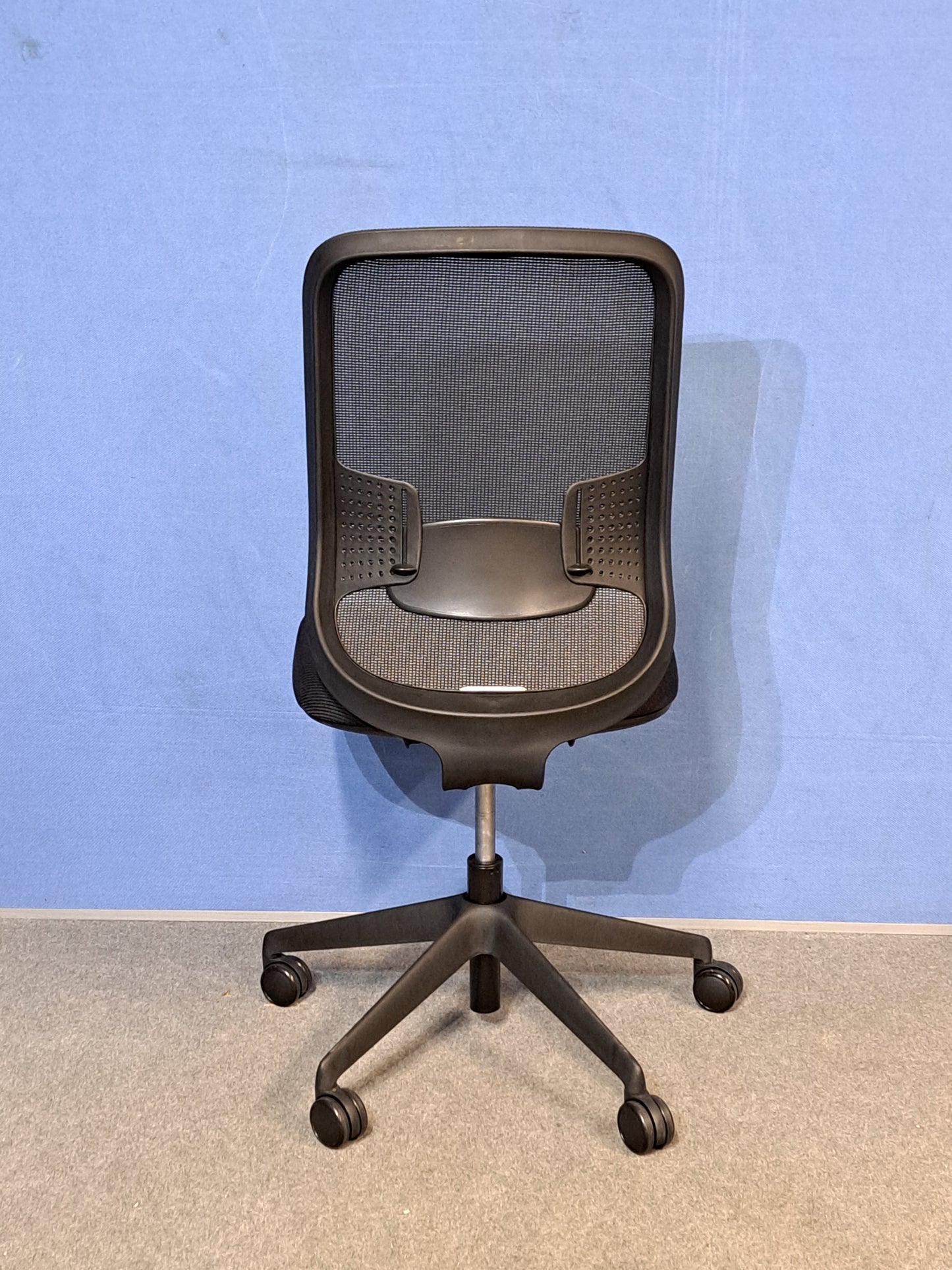 Black office chair against a blue wall and grey carpet