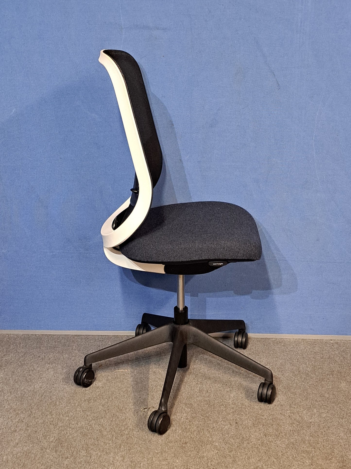 Grey / black office chair on a blue wall and grey carpet