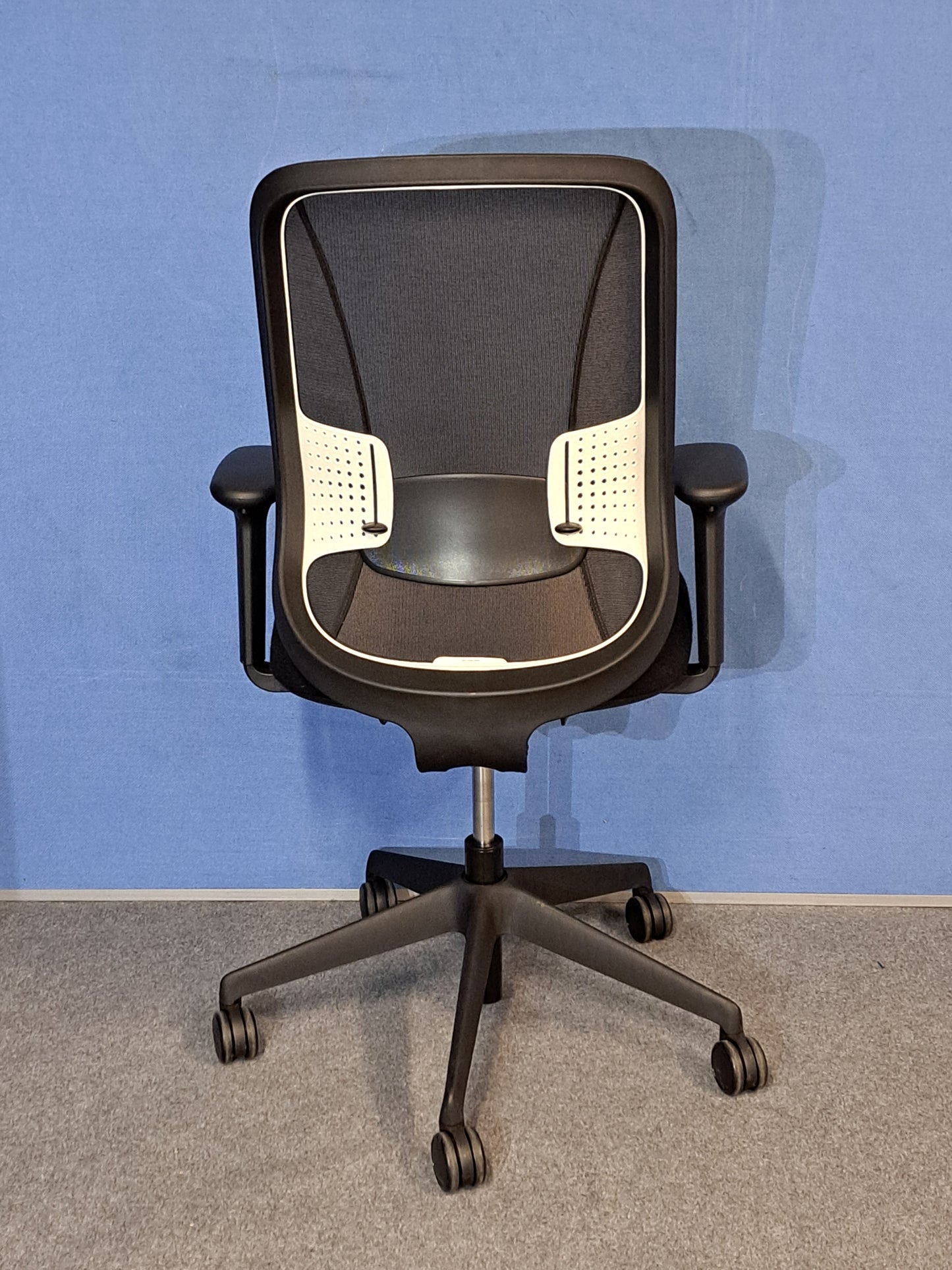 Black office chair on a blue wall and grey carpet