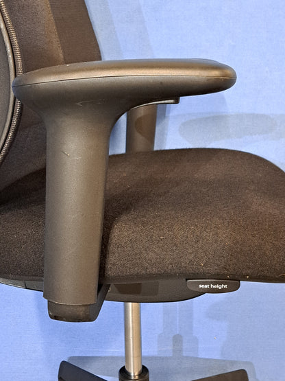 Black office chair on a blue wall and grey carpet