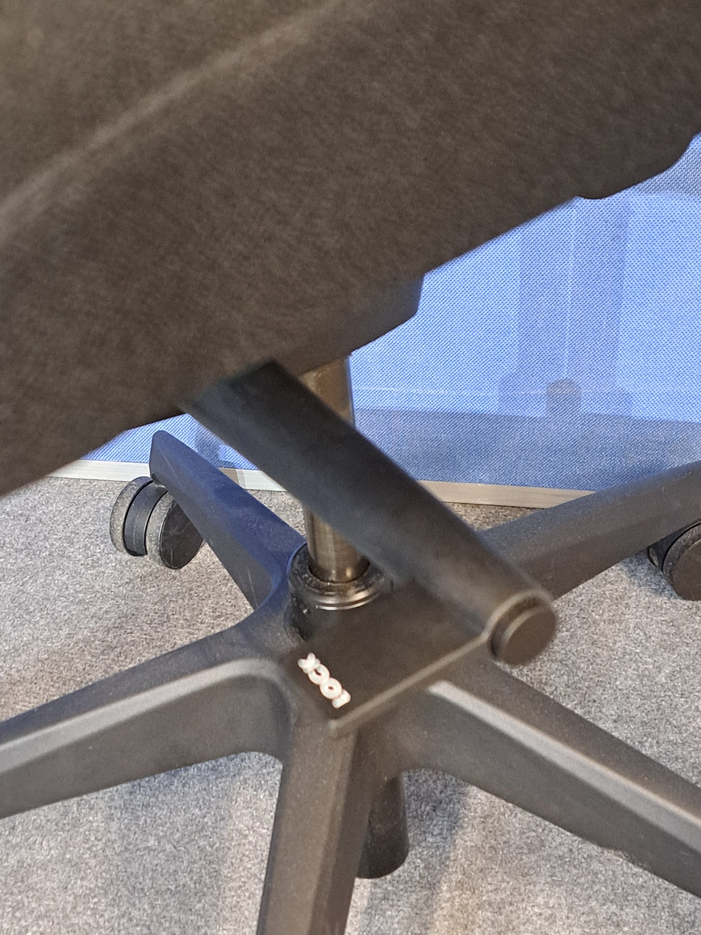Black office chair on a blue wall and grey carpet