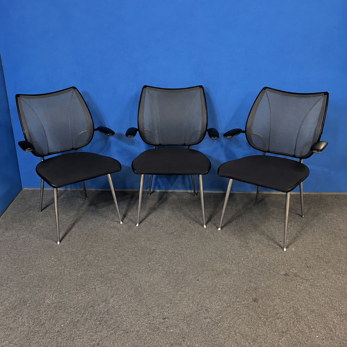 Set of 3 Humanscale Liberty Armchairs in Black with Silver Legs (Used)
