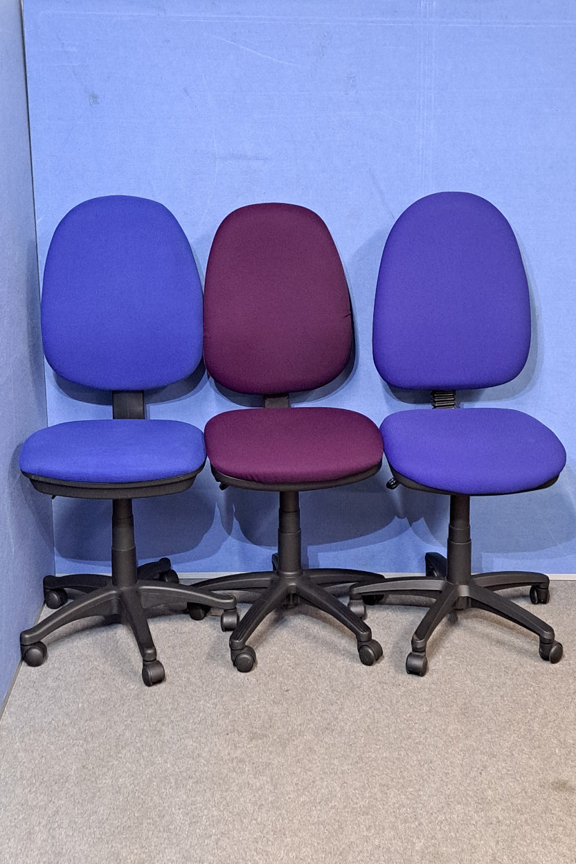 Blue and purple office chairs on a blue background and grey floor