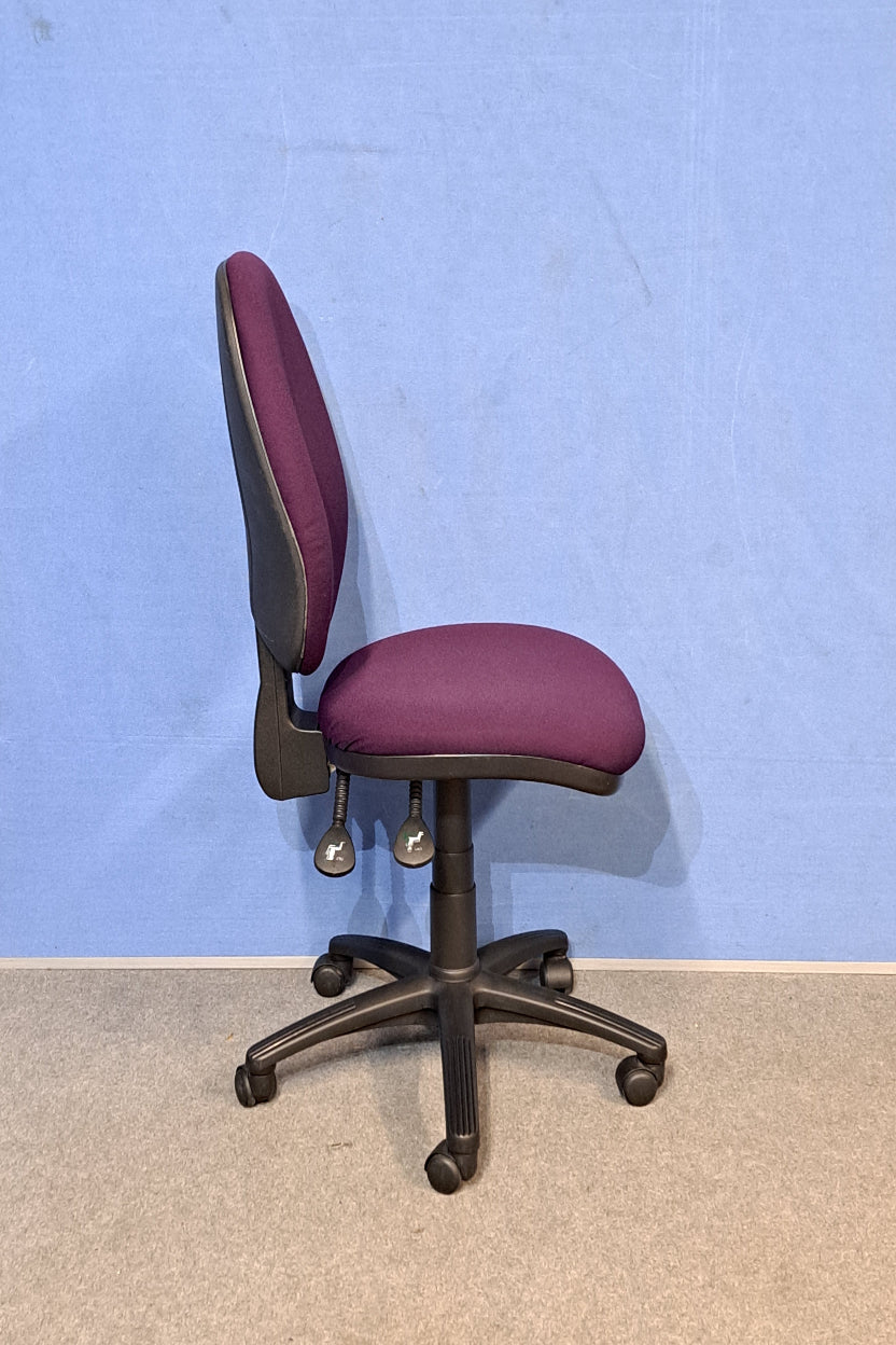 Purple office chair on a blue background and grey floor