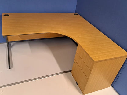 1600mm Right Hand Curved Desk with 3 Drawer Desk High Pedestal Oak (used)