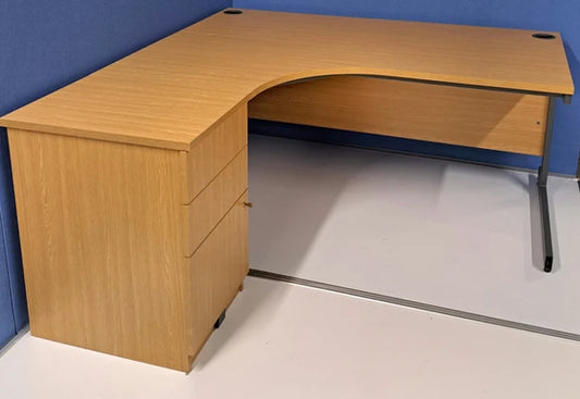 1600mm Left Hand Curved Desk with 3 Drawer Desk High Pedestal Oak (used)